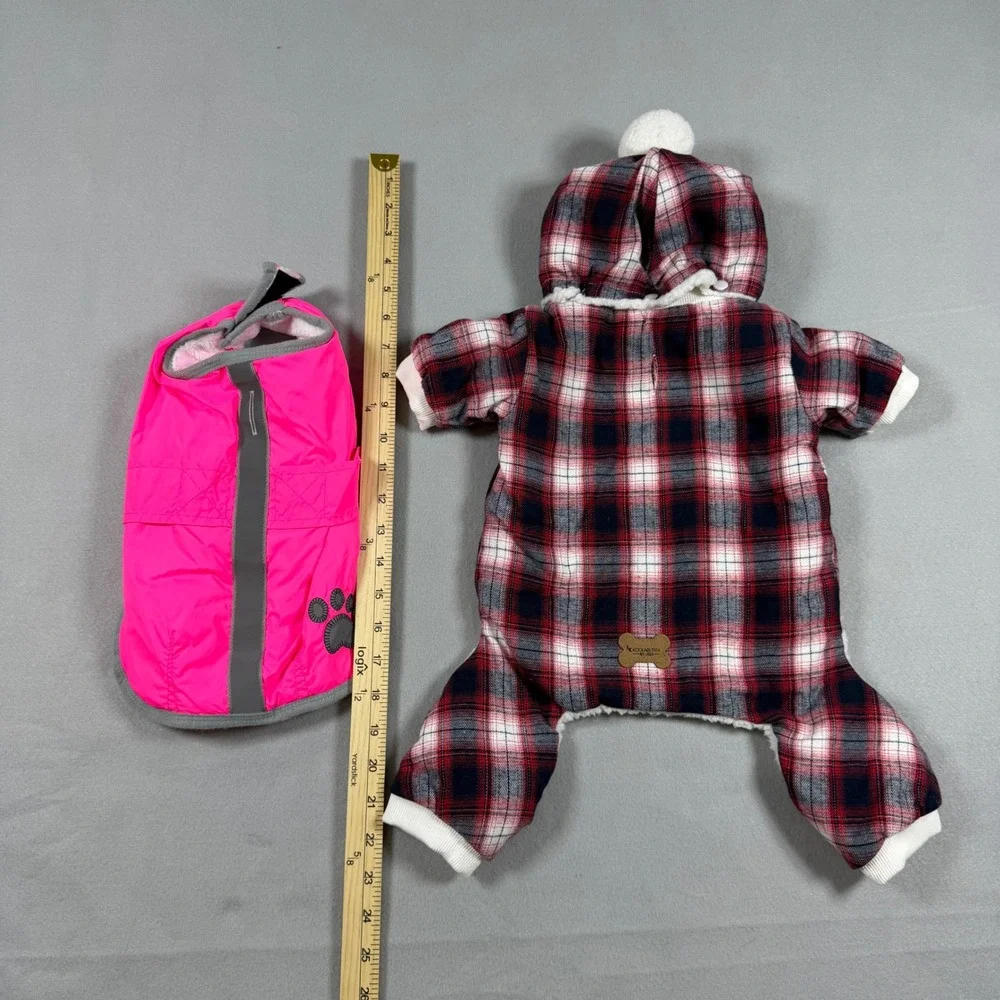 Koolaburra by UGG Dog Clothes Bundle Plaid Hooded Jumpsuit and Pink Puffer Vest